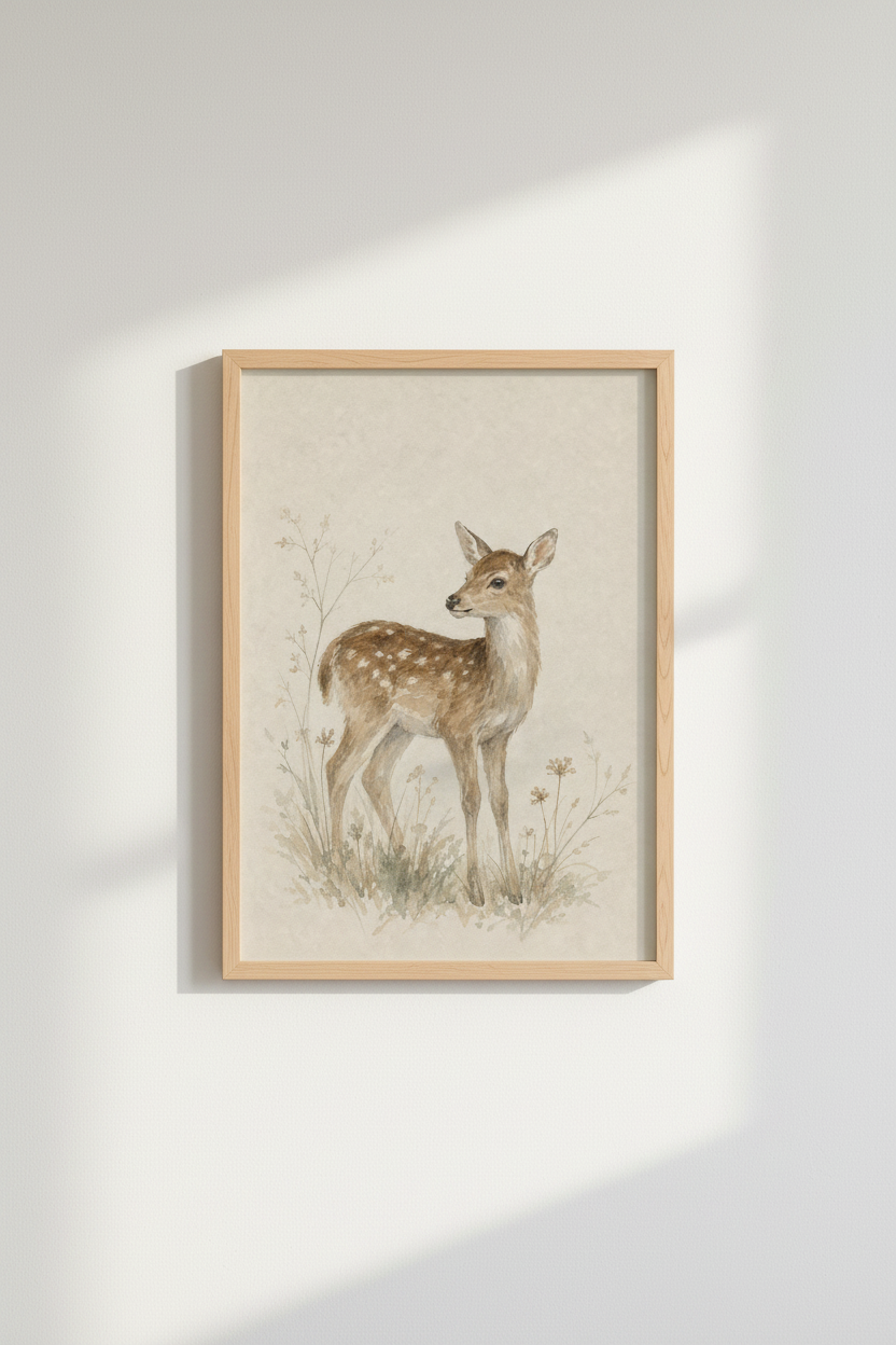Fawn Deer Wall Art Print | Woodland Nursery Decor | Neutral Watercolor Poster