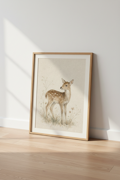 Fawn Deer Wall Art Print | Woodland Nursery Decor | Neutral Watercolor Poster
