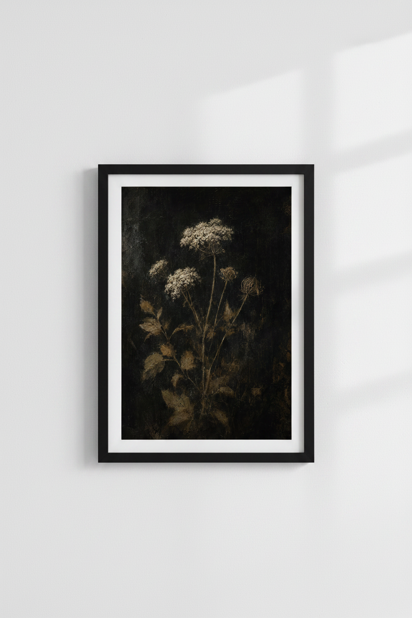 Dark Moody Floral Print | Black White Vintage Botanical Painting, Gothic Wall Art