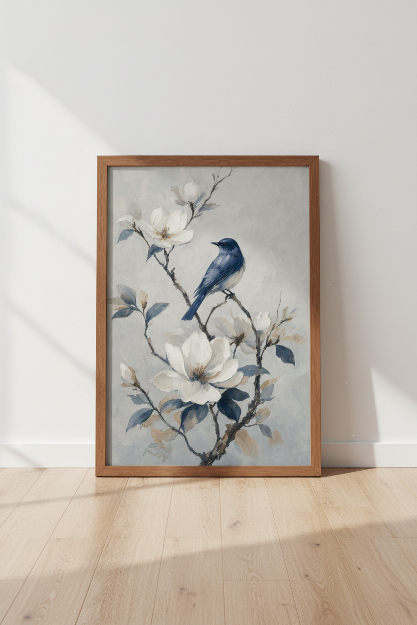 Blue Bird &amp; White Magnolia Wall Art | Navy Floral Oil Painting, Farmhouse Decor