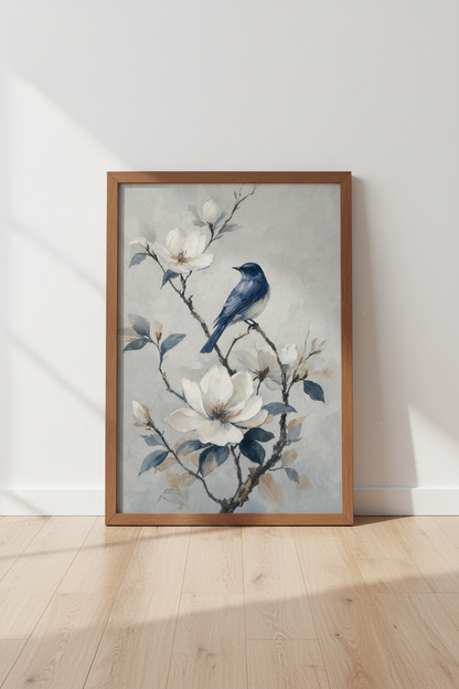 Blue Bird &amp; White Magnolia Wall Art | Navy Floral Oil Painting, Farmhouse Decor