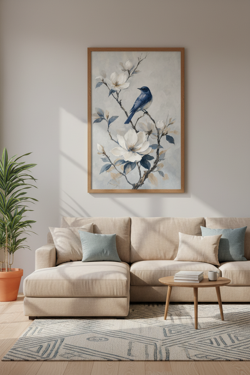 Blue Bird &amp; White Magnolia Wall Art | Navy Floral Oil Painting, Farmhouse Decor