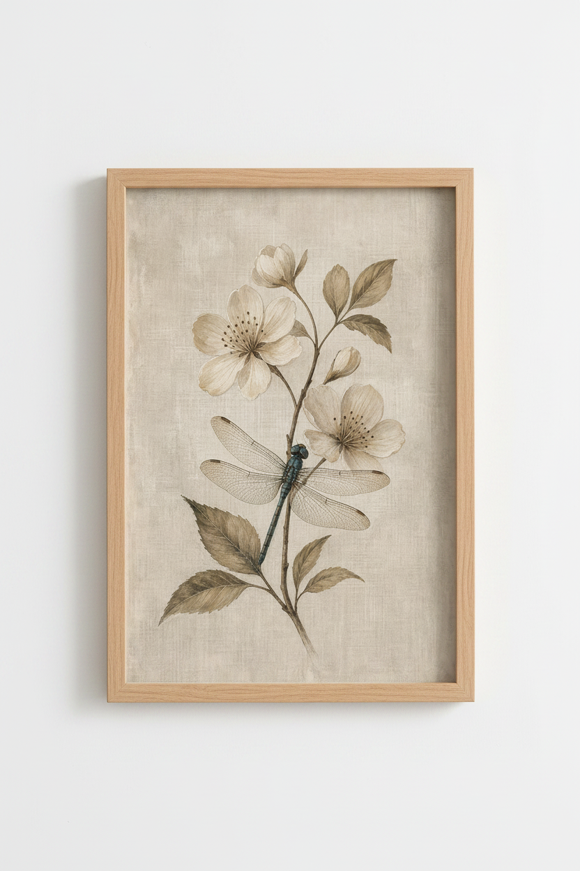 Botanical Dragonfly Wall Art Print | Living Room Decor | Vintage Beige Poster