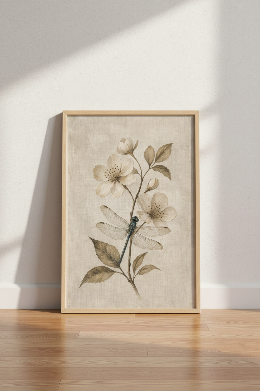 Botanical Dragonfly Wall Art Print | Living Room Decor | Vintage Beige Poster