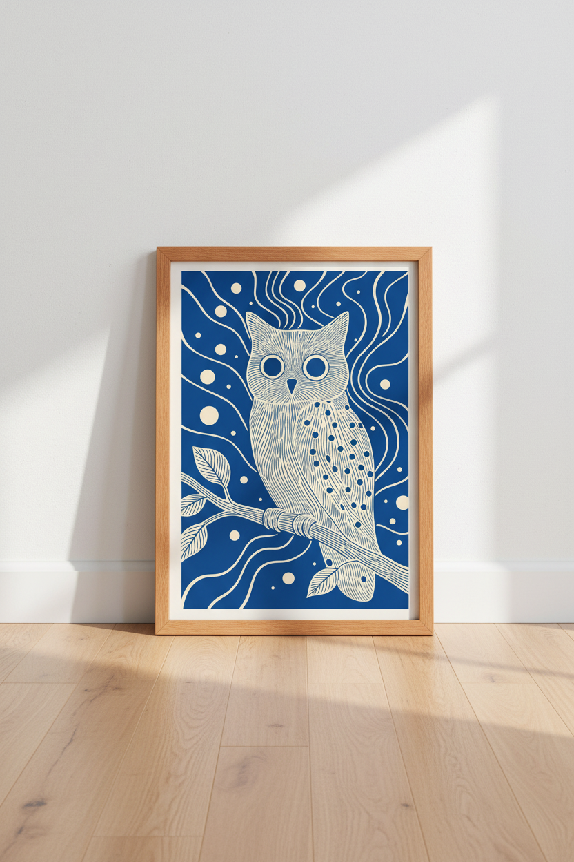 Linocut Owl Wall Art | Navy Blue &amp; Cream Nature Print, Modern Boho Home Decor