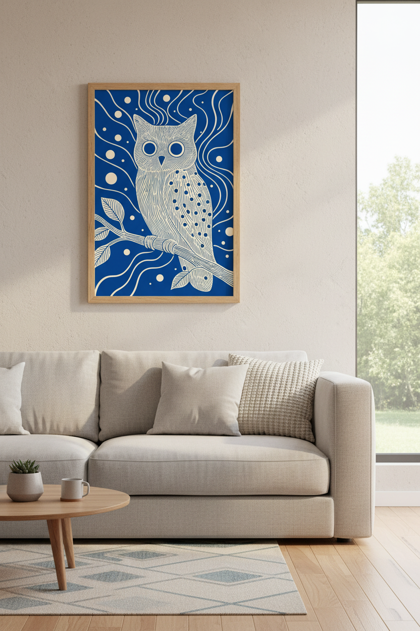 Linocut Owl Wall Art | Navy Blue &amp; Cream Nature Print, Modern Boho Home Decor