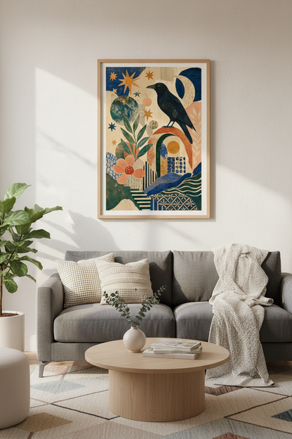 Celestial Crow Mixed Media Wall Art | Mystical Folk Poster, Living Room Decor