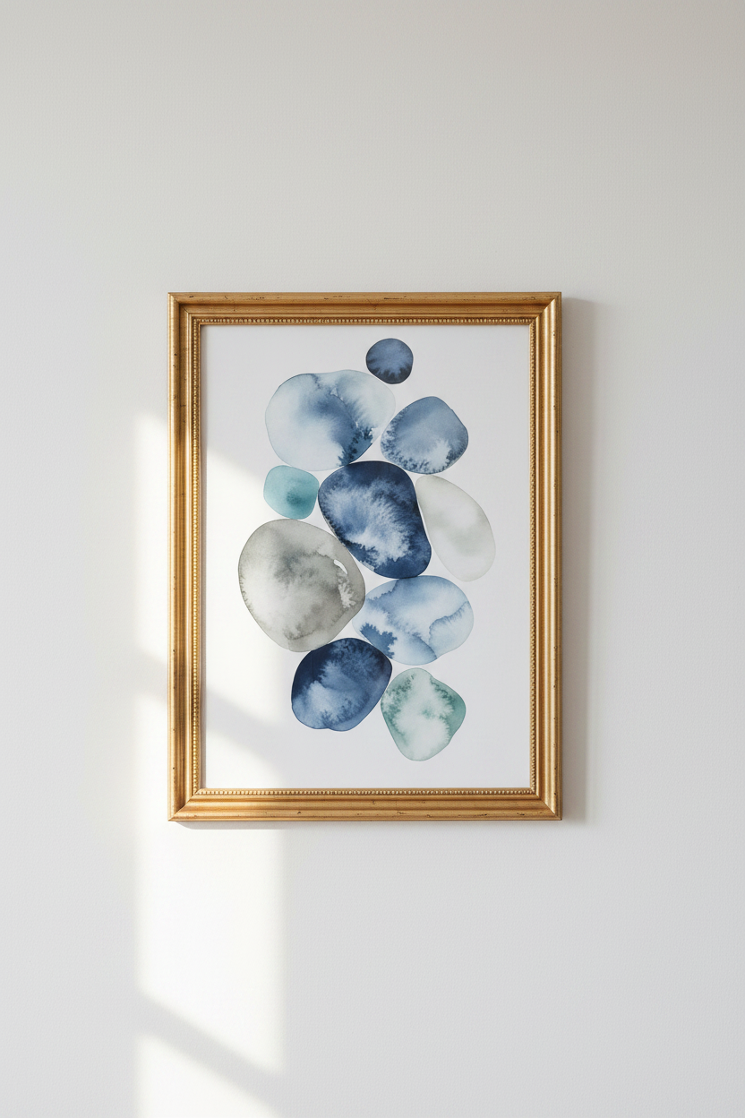 blue stone wall art | Watercolor Navy Abstract, Cozy Living Room Decor | Minimalist Poster