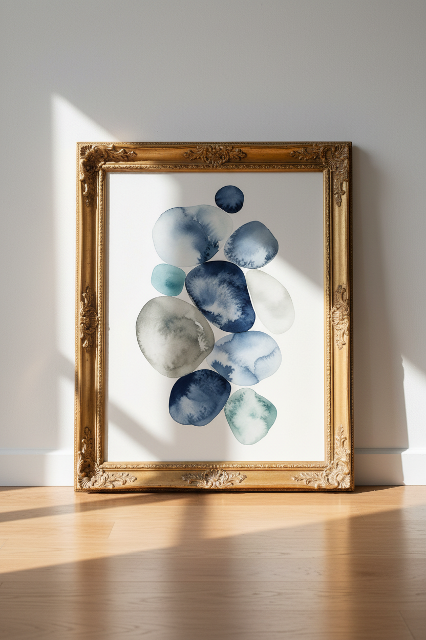 blue stone wall art | Watercolor Navy Abstract, Cozy Living Room Decor | Minimalist Poster