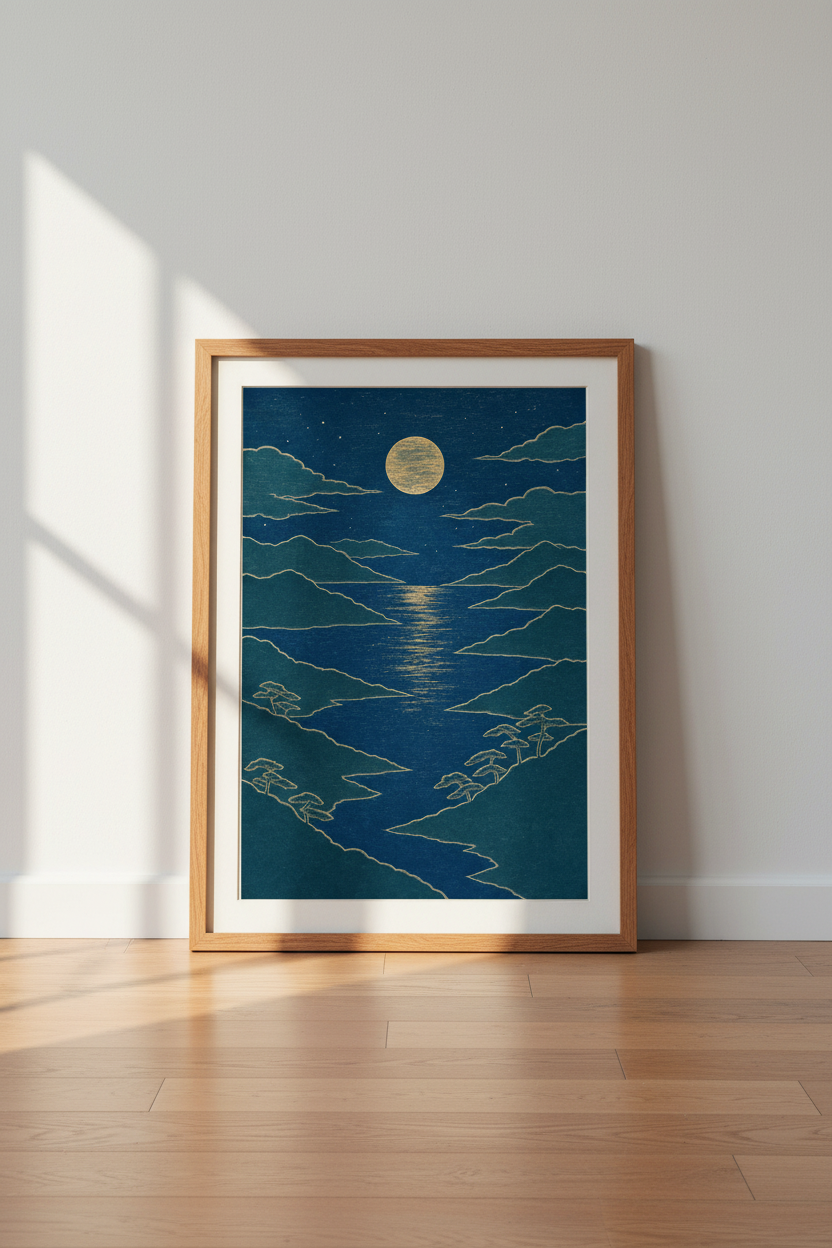 Japanese Moon Night Sky Wall Art | Navy Gold Landscape | Zen Modern Poster