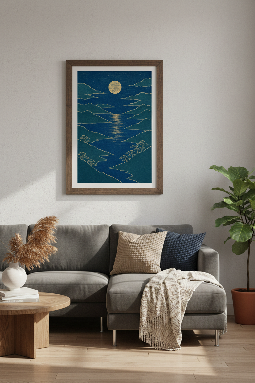 Japanese Moon Night Sky Wall Art | Navy Gold Landscape | Zen Modern Poster