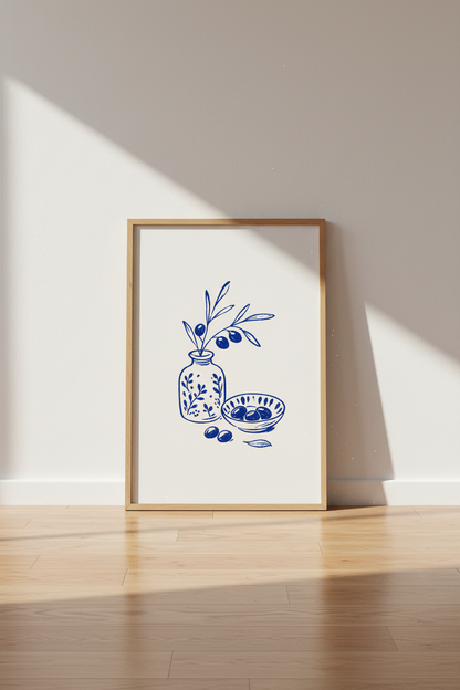 Blue Olive Branch Wall Art Print | Mediterranean Kitchen Decor | Minimalist Poster