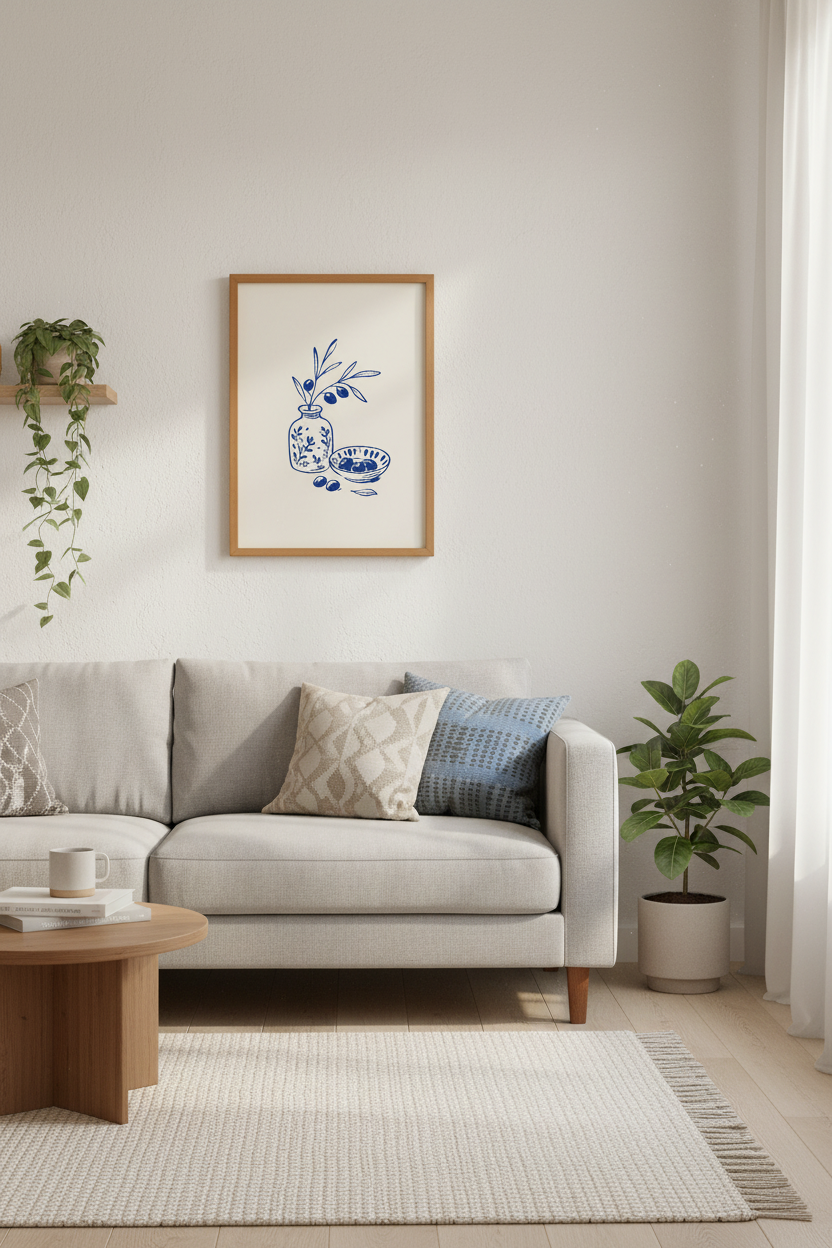 Blue Olive Branch Wall Art Print | Mediterranean Kitchen Decor | Minimalist Poster