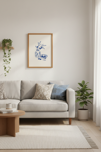 Blue Olive Branch Wall Art Print | Mediterranean Kitchen Decor | Minimalist Poster