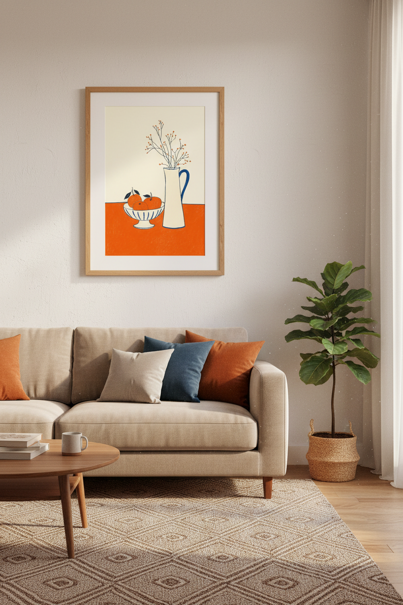 Minimalist Fruit Still Life | Bold Orange &amp; Blue Art, Kitchen Decor Poster