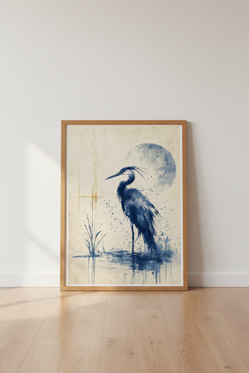 Blue Heron Watercolor Print | Indigo Navy Zen Nature Decor | Coastal Bird Poster Art