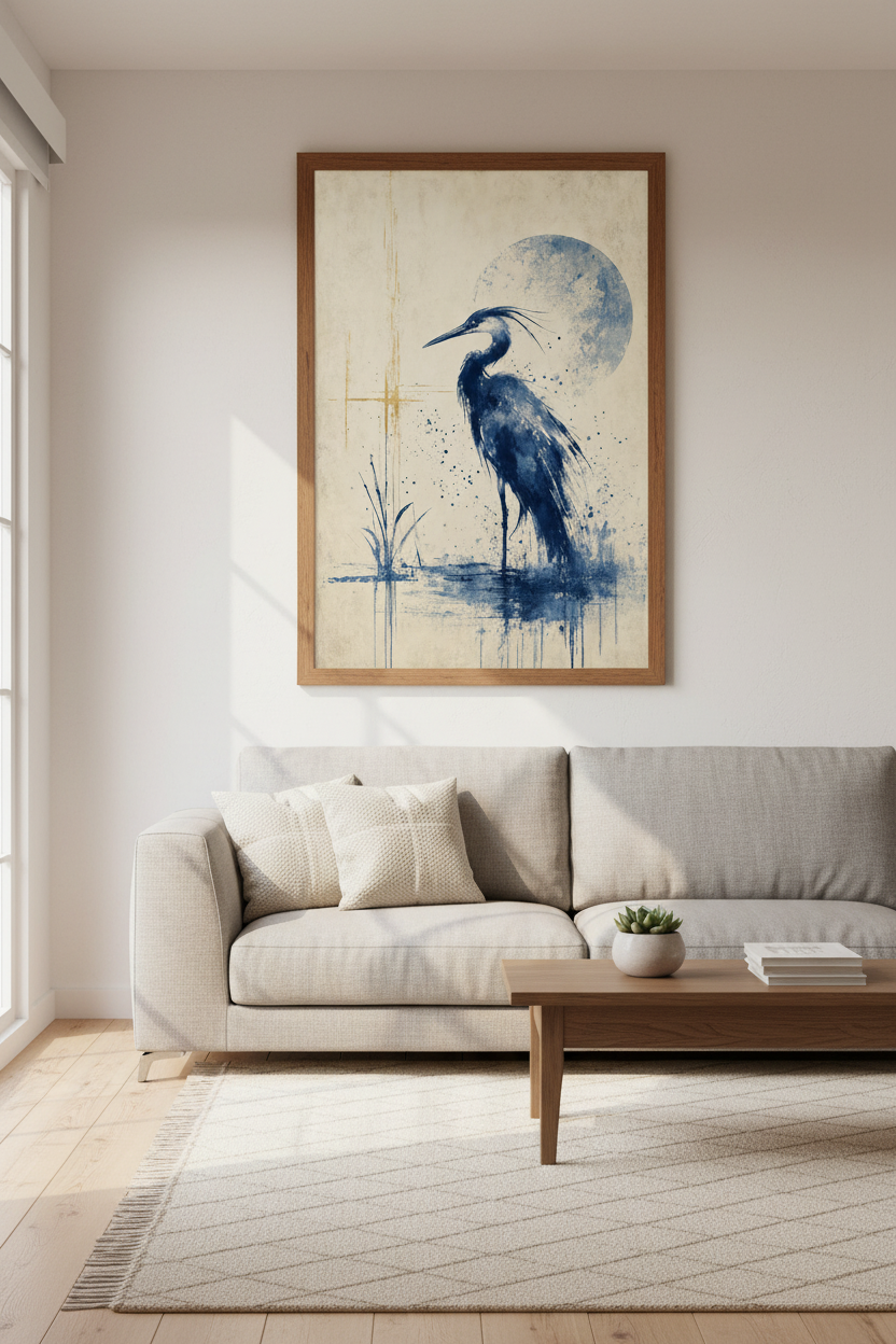 Blue Heron Watercolor Print | Indigo Navy Zen Nature Decor | Coastal Bird Poster Art