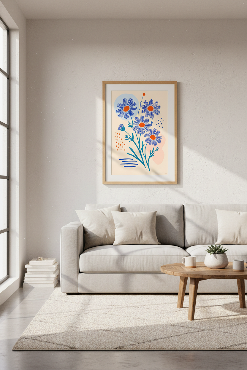 Abstract Blue Daisy Floral Wall Art | Modern Botanical Print | Boho Flower Poster