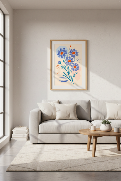 Abstract Blue Daisy Floral Wall Art | Modern Botanical Print | Boho Flower Poster