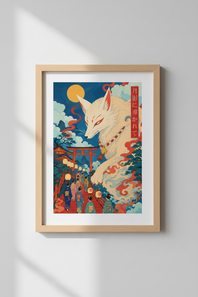 kitsune wall art | Ukiyo-e Inspired, Moonlit Fox, Living Room Decor