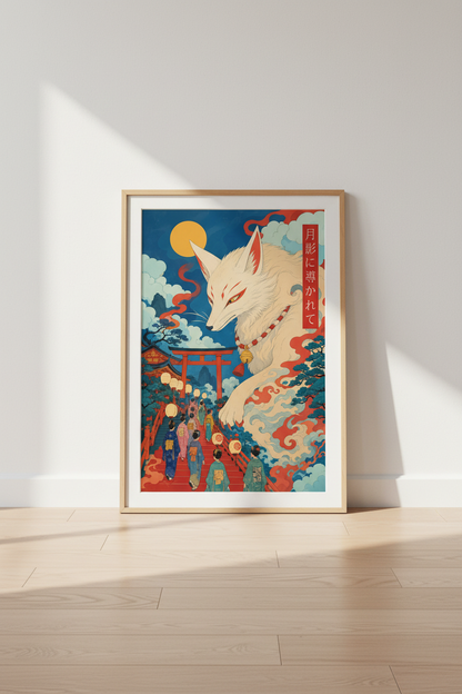 kitsune wall art | Ukiyo-e Inspired, Moonlit Fox, Living Room Decor