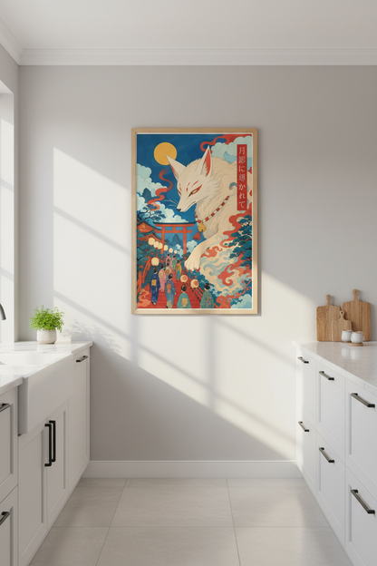 kitsune wall art | Ukiyo-e Inspired, Moonlit Fox, Living Room Decor