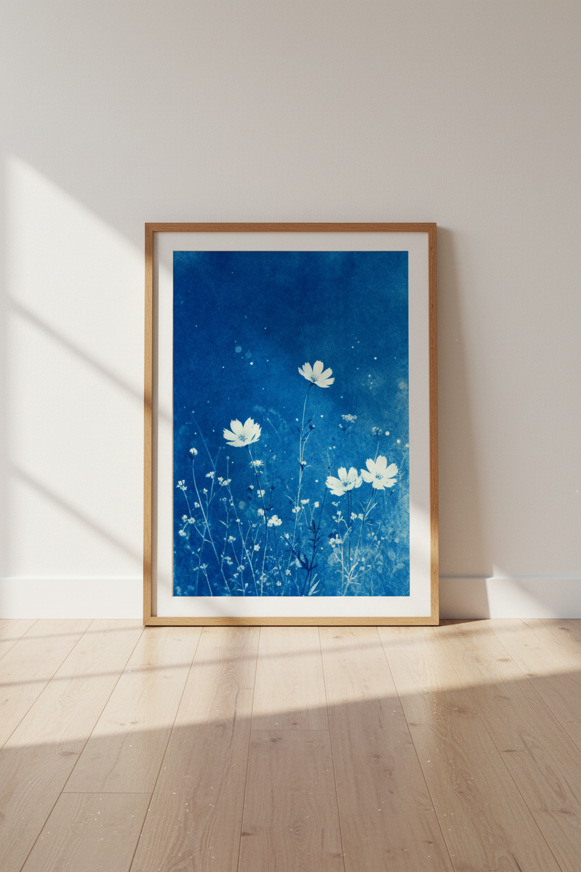 Wildflower Cyanotype Wall Art | Blue Botanical Print, Living Room Decor Poster Art