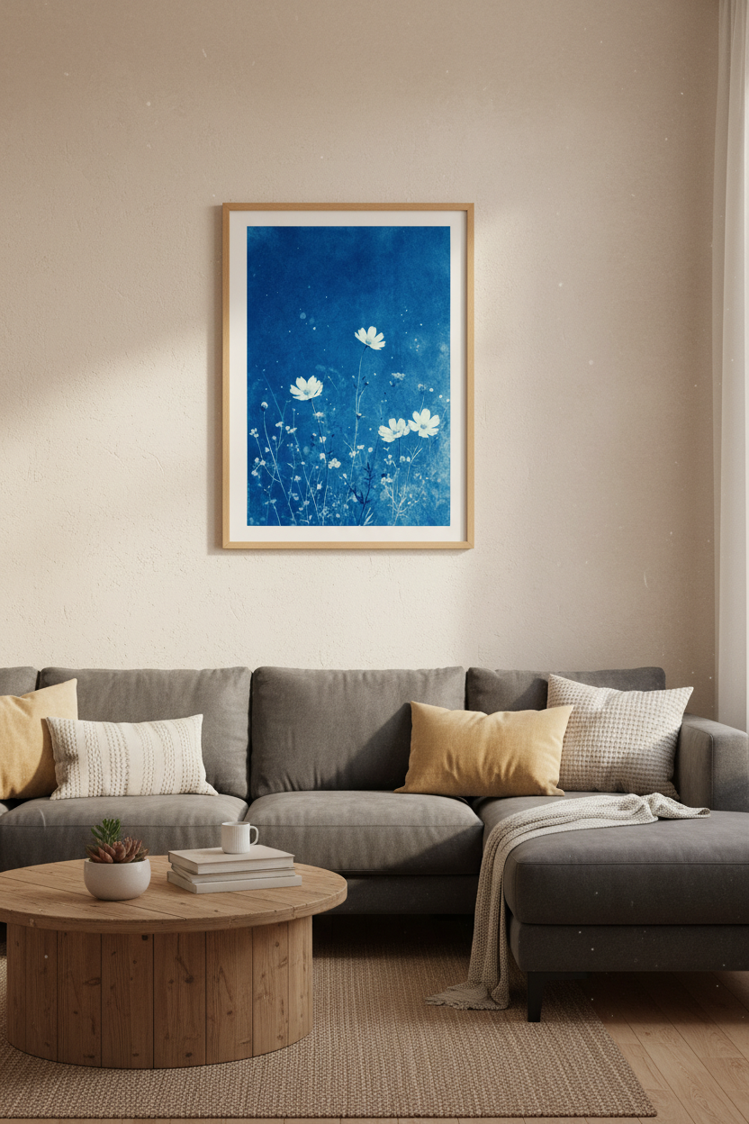 Wildflower Cyanotype Wall Art | Blue Botanical Print, Living Room Decor Poster Art