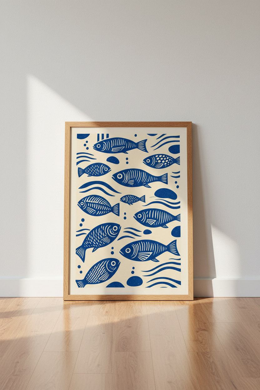 Blue Fish Linocut Wall Art | Coastal Navy Decor | Mid Century Modern Poster