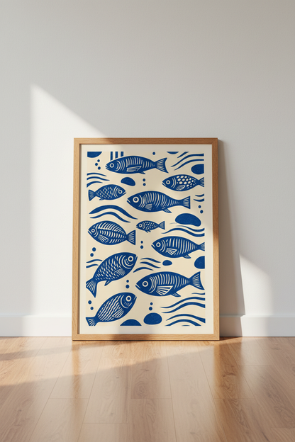 Blue Fish Linocut Wall Art | Coastal Navy Decor | Mid Century Modern Poster