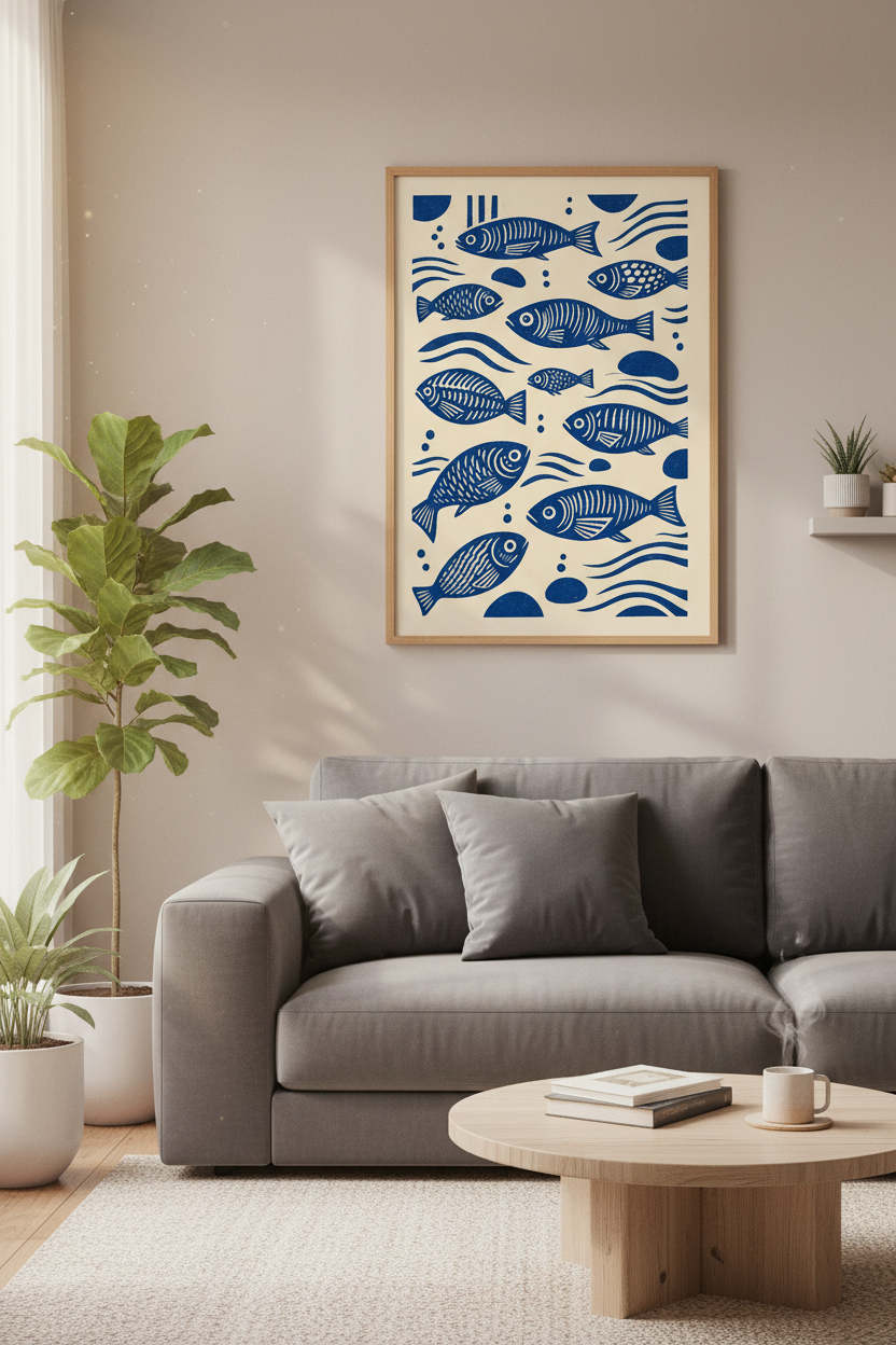 Blue Fish Linocut Wall Art | Coastal Navy Decor | Mid Century Modern Poster