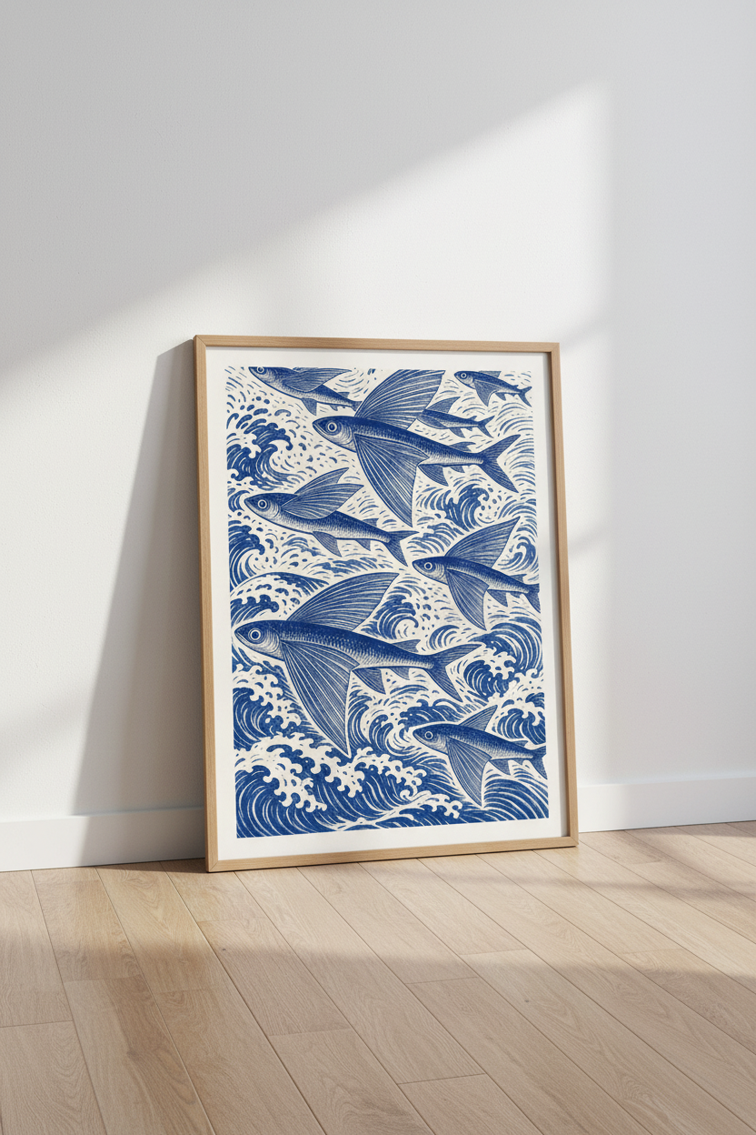 Flying Fish Woodcut Wall Art | Indigo Blue Ocean Decor | Nautical Beach House Poster