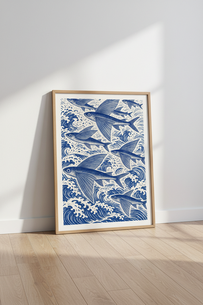 Flying Fish Woodcut Wall Art | Indigo Blue Ocean Decor | Nautical Beach House Poster