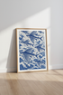 Flying Fish Woodcut Wall Art | Indigo Blue Ocean Decor | Nautical Beach House Poster