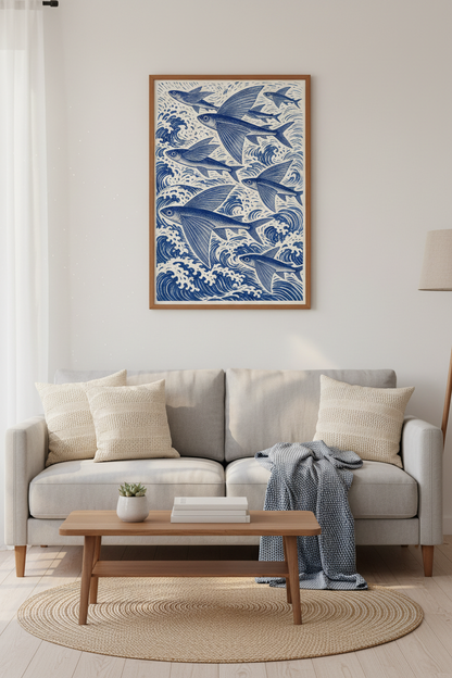 Flying Fish Woodcut Wall Art | Indigo Blue Ocean Decor | Nautical Beach House Poster
