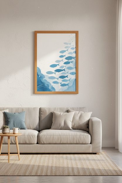Abstract School of Fish Watercolor Art | Blue Coastal Decor | Modern Nautical Poster