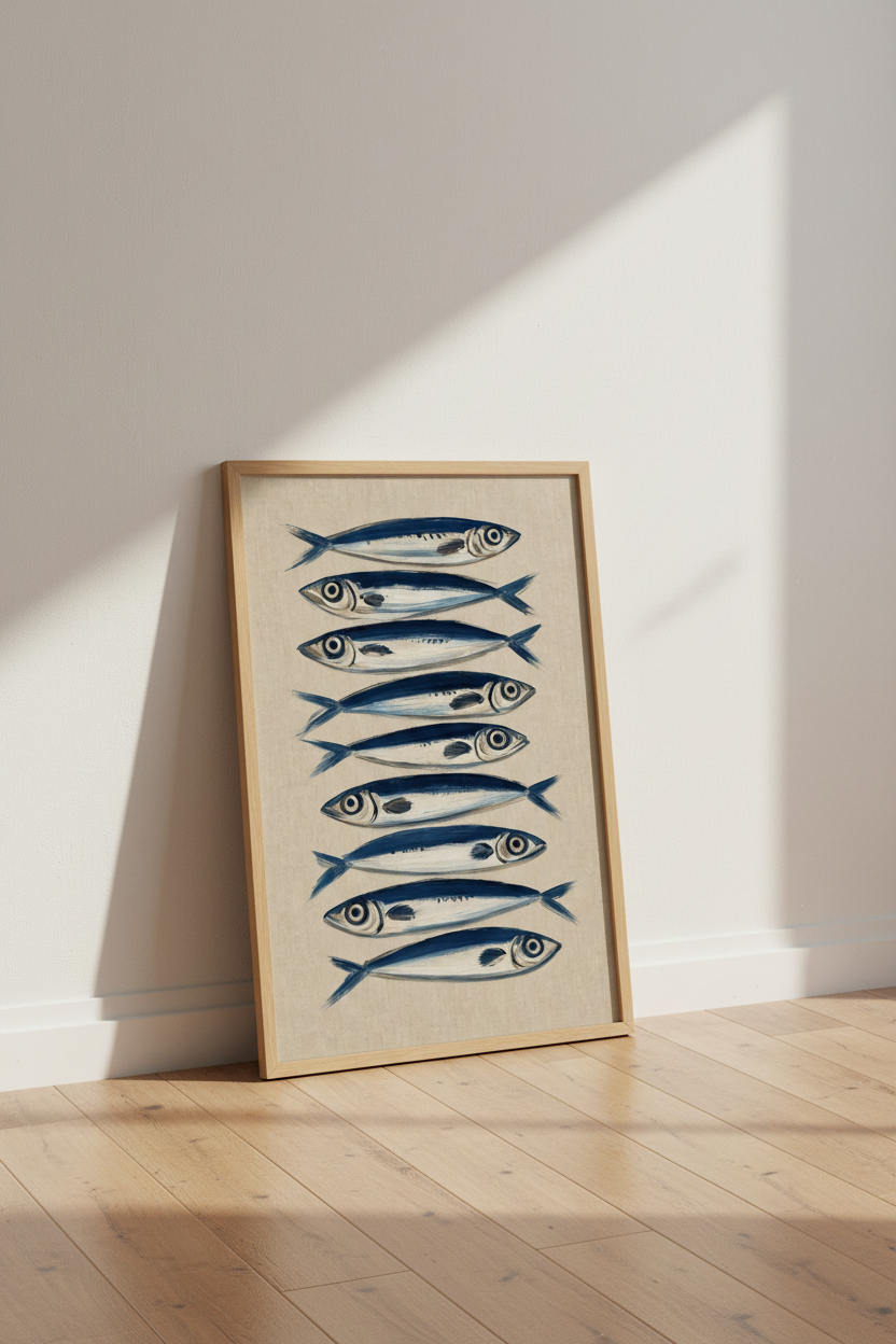 Sardine Oil Painting Wall Art | Blue Coastal Kitchen Decor | Mediterranean Fish Poster
