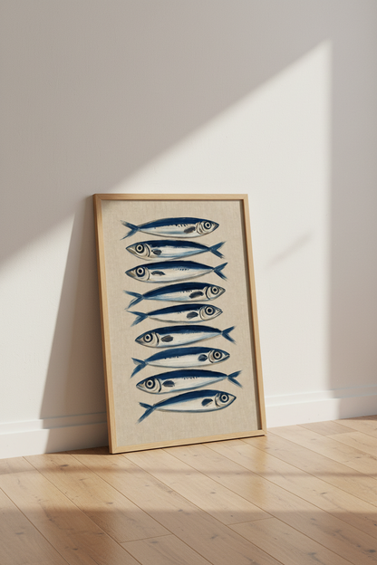 Sardine Oil Painting Wall Art | Blue Coastal Kitchen Decor | Mediterranean Fish Poster