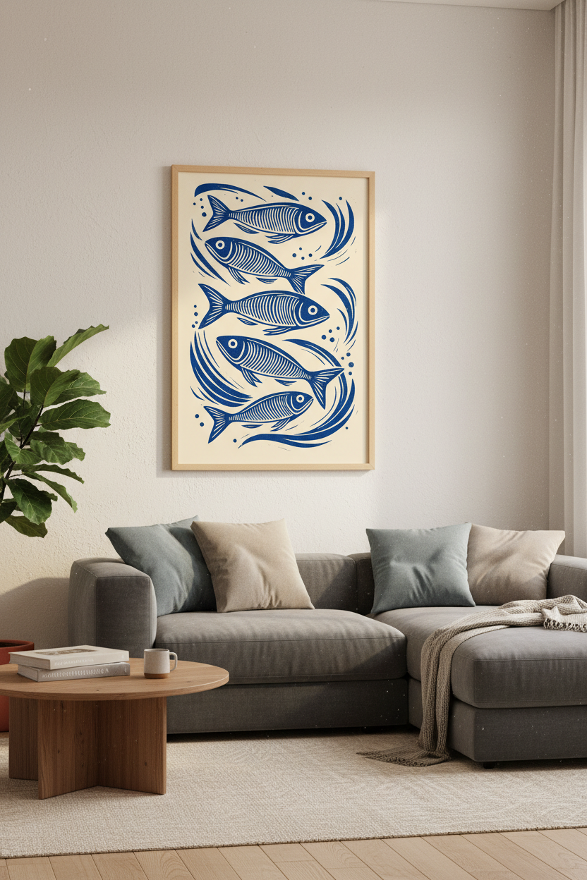 Blue Fish Linocut Art Print | Nautical Bathroom Decor | Coastal Wall Poster