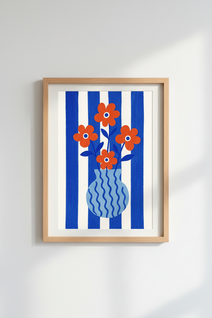 Danish Pastel Floral Print | Blue Striped Modern Flower Art | Maximalist Poster