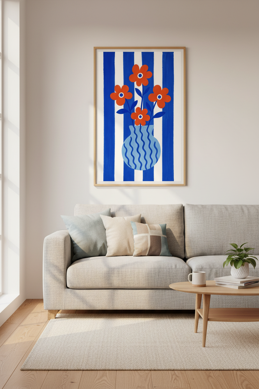 Danish Pastel Floral Print | Blue Striped Modern Flower Art | Maximalist Poster
