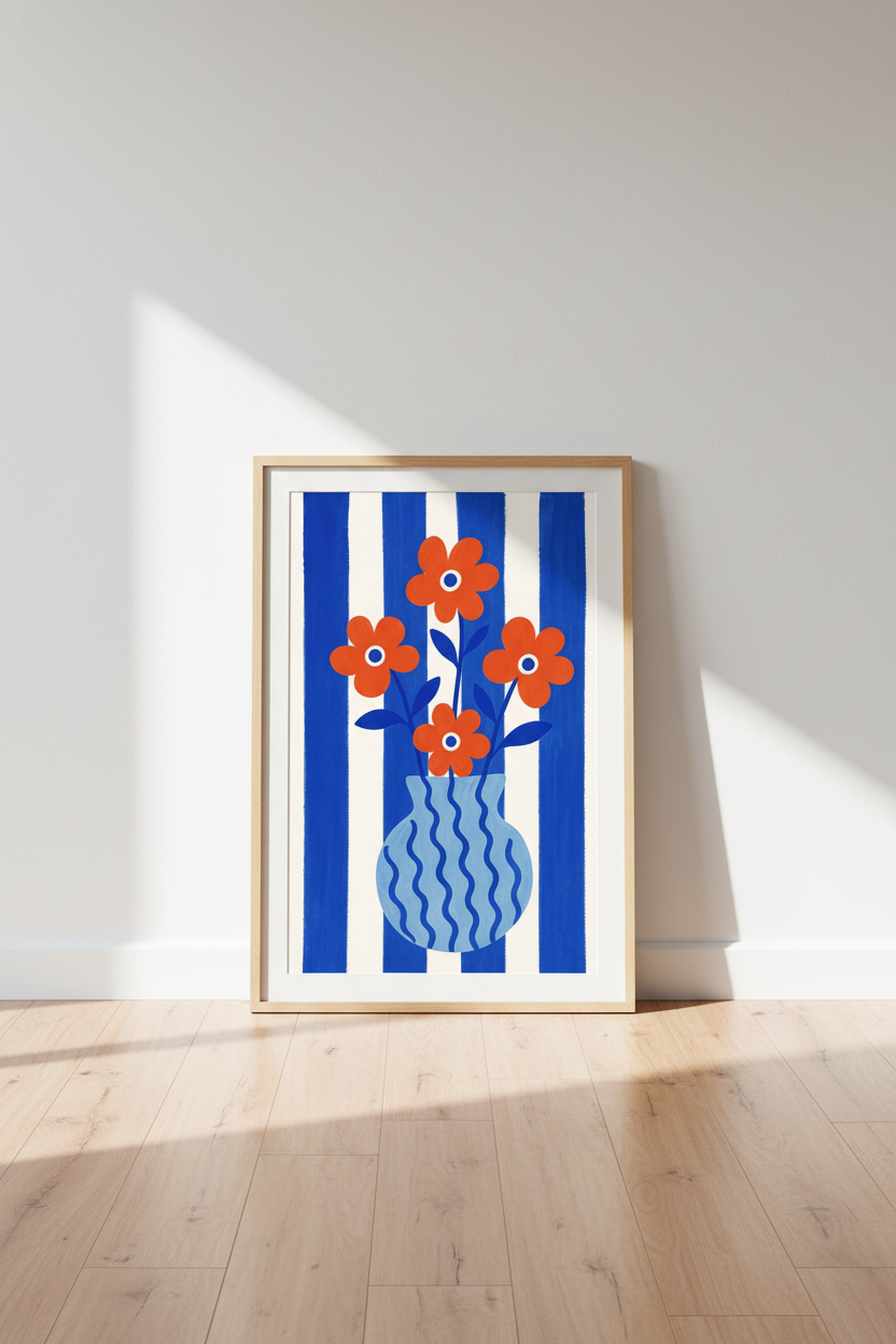 Danish Pastel Floral Print | Blue Striped Modern Flower Art | Maximalist Poster