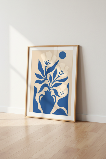 Blue Floral Wall Art Print | Abstract Vase Decor | Modern Poster