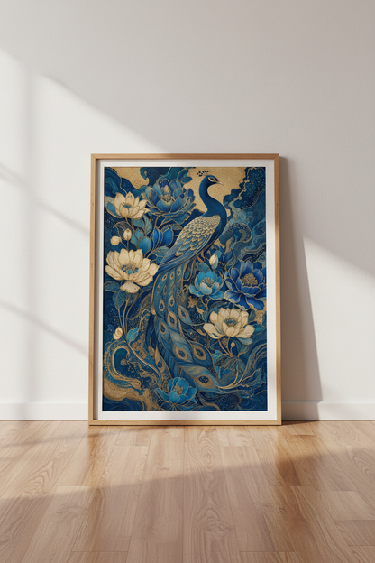 Blue Peacock &amp; Gold Peony Wall Art | Chinoiserie Navy Decor | Art Nouveau Poster