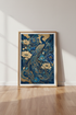Blue Peacock & Gold Peony Wall Art | Chinoiserie Navy Decor | Art Nouveau Poster