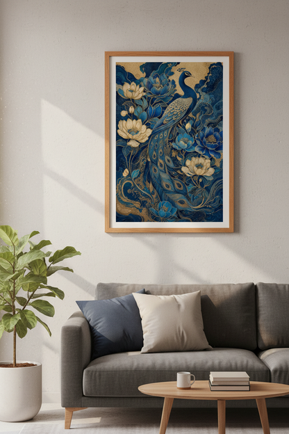 Blue Peacock &amp; Gold Peony Wall Art | Chinoiserie Navy Decor | Art Nouveau Poster