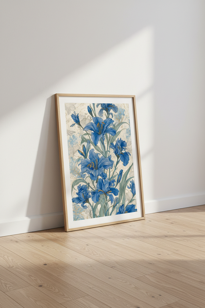 Blue Iris Floral Wall Art | Chinoiserie Botanical Print, Living Room Decor
