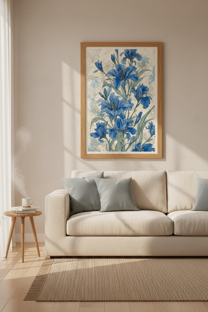 Blue Iris Floral Wall Art | Chinoiserie Botanical Print, Living Room Decor
