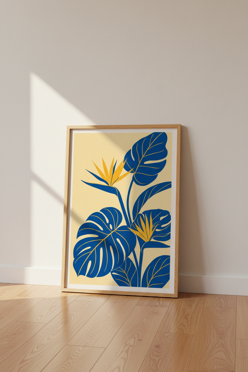 Blue Monstera Botanical Wall Art | Tropical Leaf Print, Modern Living Room Decor