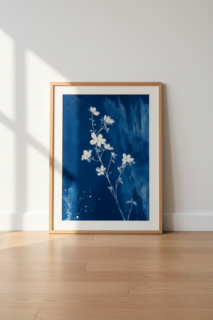 Cyanotype Flower Wall Art Print | Indigo Navy Botanical Decor | Moody Blue Poster